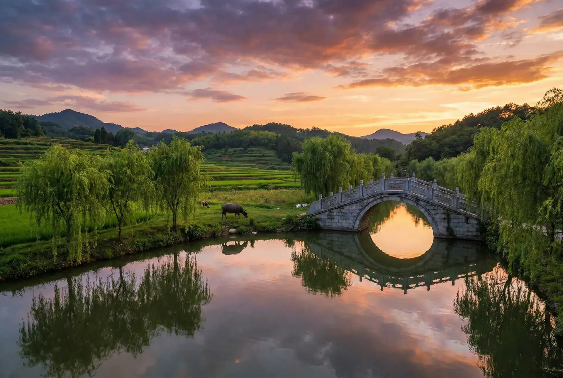 夕阳下的石拱桥与垂柳，水牛在河边吃草 - 十大禁用直播APP软件排名 乡村美景